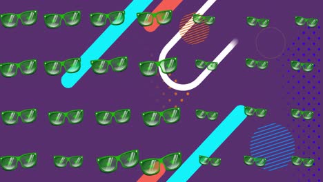 Animation-of-green-party-sunglasses-over-shapes-on-purple-background