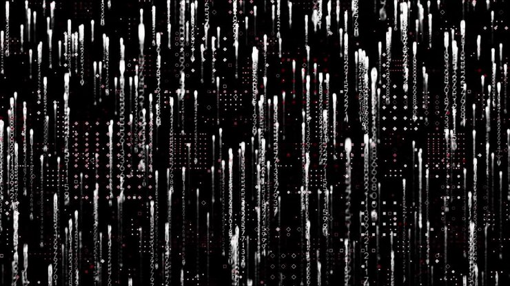 Animation of computer circuitboard, over falling white light trails, on black