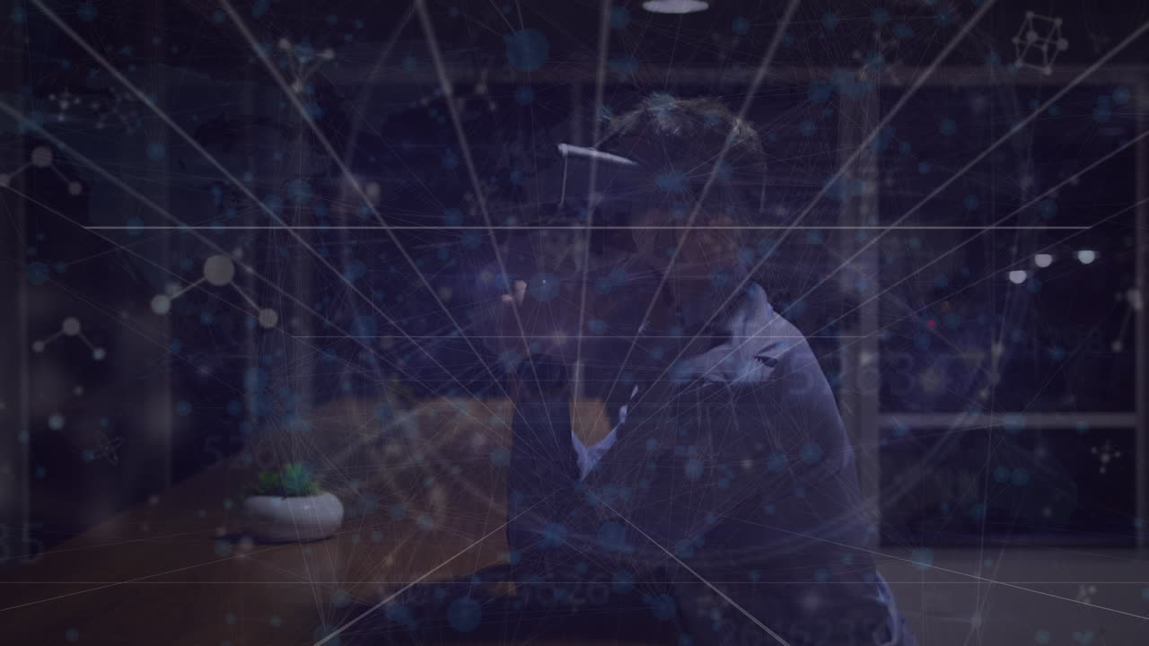 가상 현실 시 ⁇ 레이터와 디지털 사각형과 분자를 사용하여 코카시안 사업가의 애니메이션