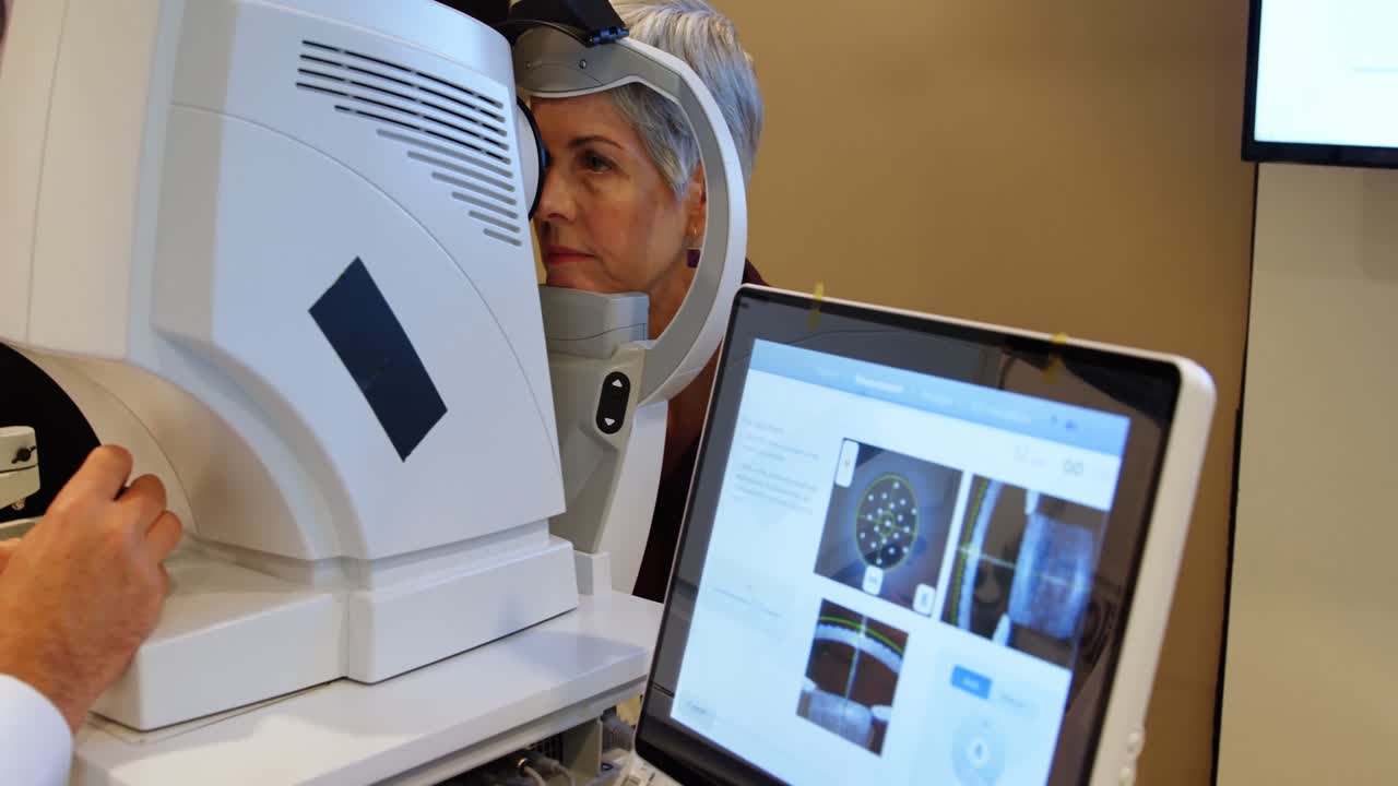 optometrista examinando los ojos del paciente con autorrefractores 4k