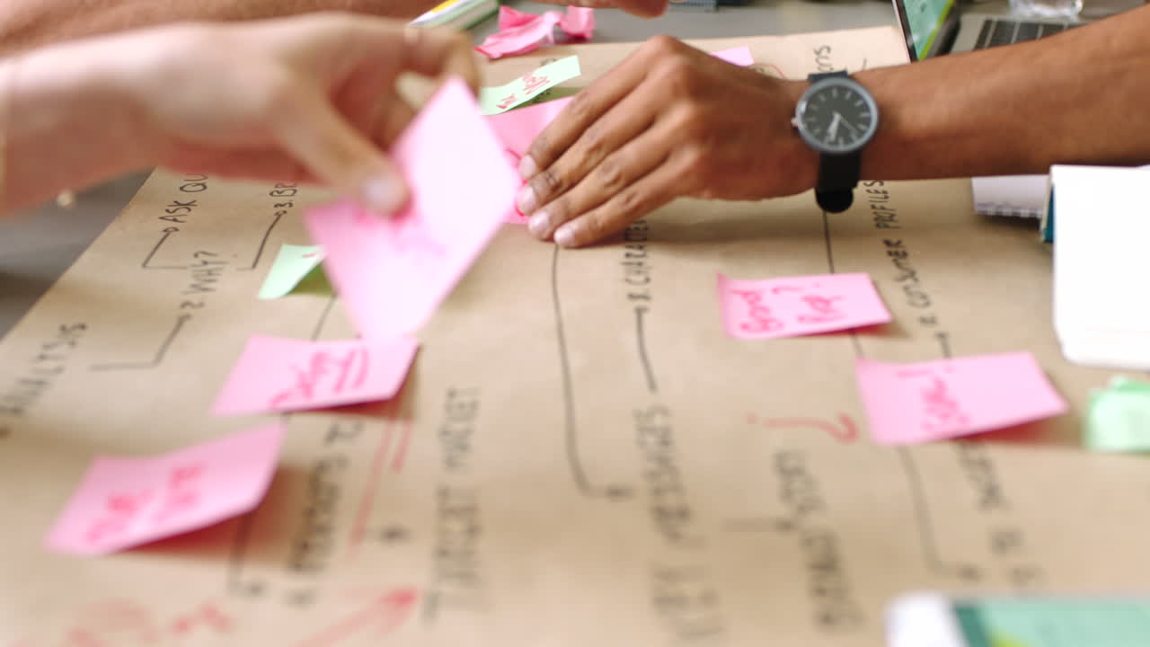 manos, tableta y notas adhesivas con un negocio