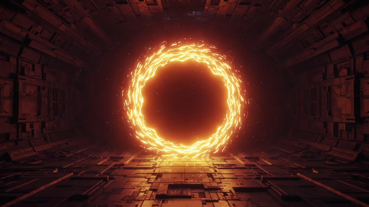 A captivating portal of swirling, fiery energy set within a futuristic metallic environment, evoking a sense of mystery and adventure within a sci-fi universe