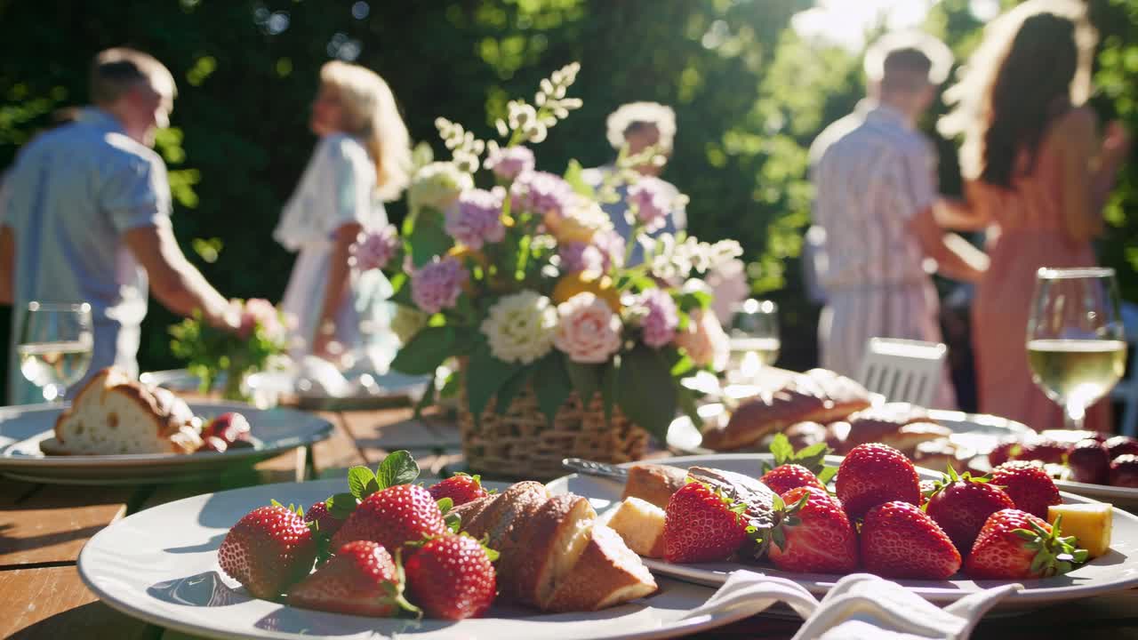 Festa all'aperto con persone che si godono una giornata di sole. Tavolo con fragole e pane. Evento sociale