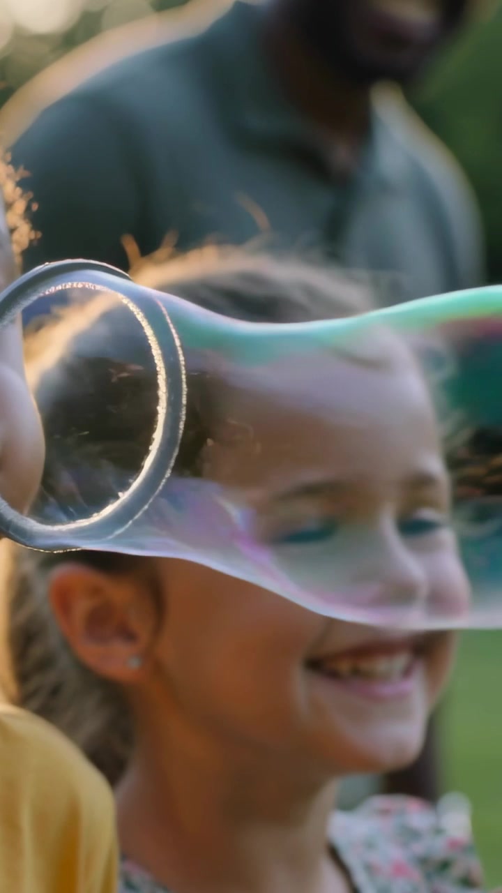 Vertical video: Blowing child making bubble with wand outdoors, surprising girl in floral dress