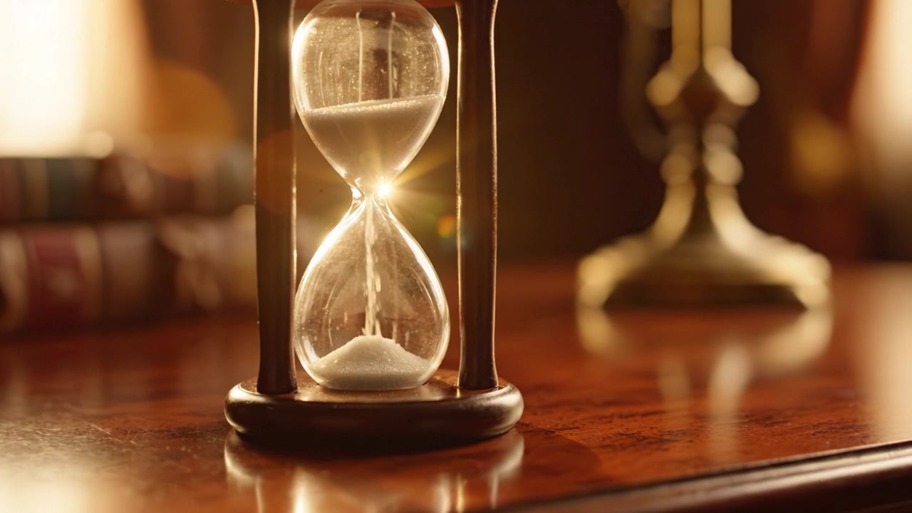 Eine elegante Sanduhr, die den Fluss der Zeit einfängt, wobei der Sand frei rieselt, vor einem reichen Holzhintergrund in sanfter goldener Beleuchtung, die Reflexion und Frieden hervorruft.