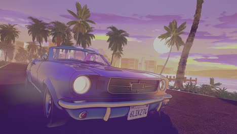 As-the-sun-sets,-a-vintage-car-cruises-along-the-beach,-palm-trees-lining-the-backdrop