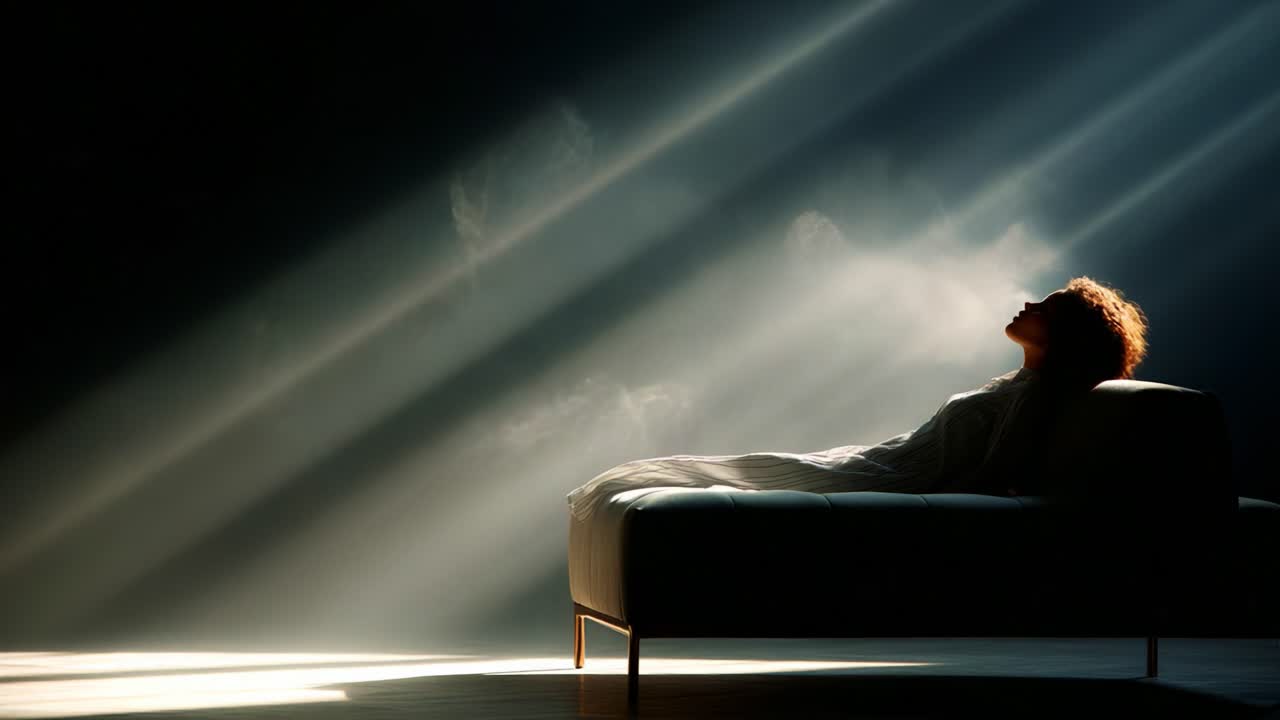 A serene figure reclines on a modern sofa, enveloped in ethereal shafts of light and delicate mist, creating a tranquil and introspective atmosphere filled with contemplation