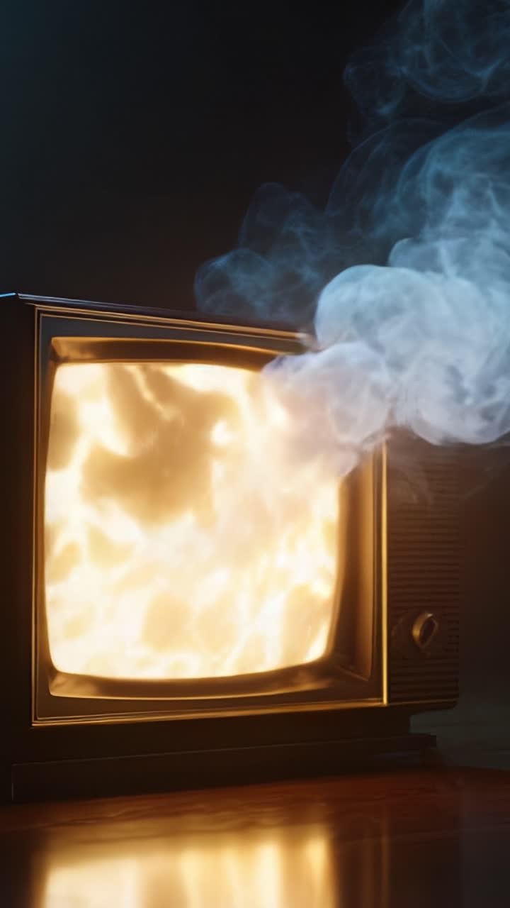 Ein gespenstisch schöner Vintage-Fernseher stößt Flammen und wirbelnden Rauch aus und illustriert eine faszinierende Mischung aus Zerstörung und Nostalgie in einem fesselnden visuellen Spektakel.