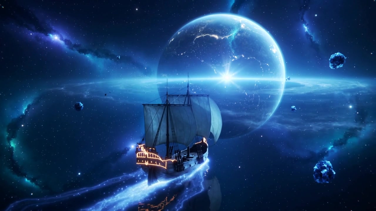 Sailing three-masted ship unfurling sails, emitting electric-blue wake toward planet in nebula