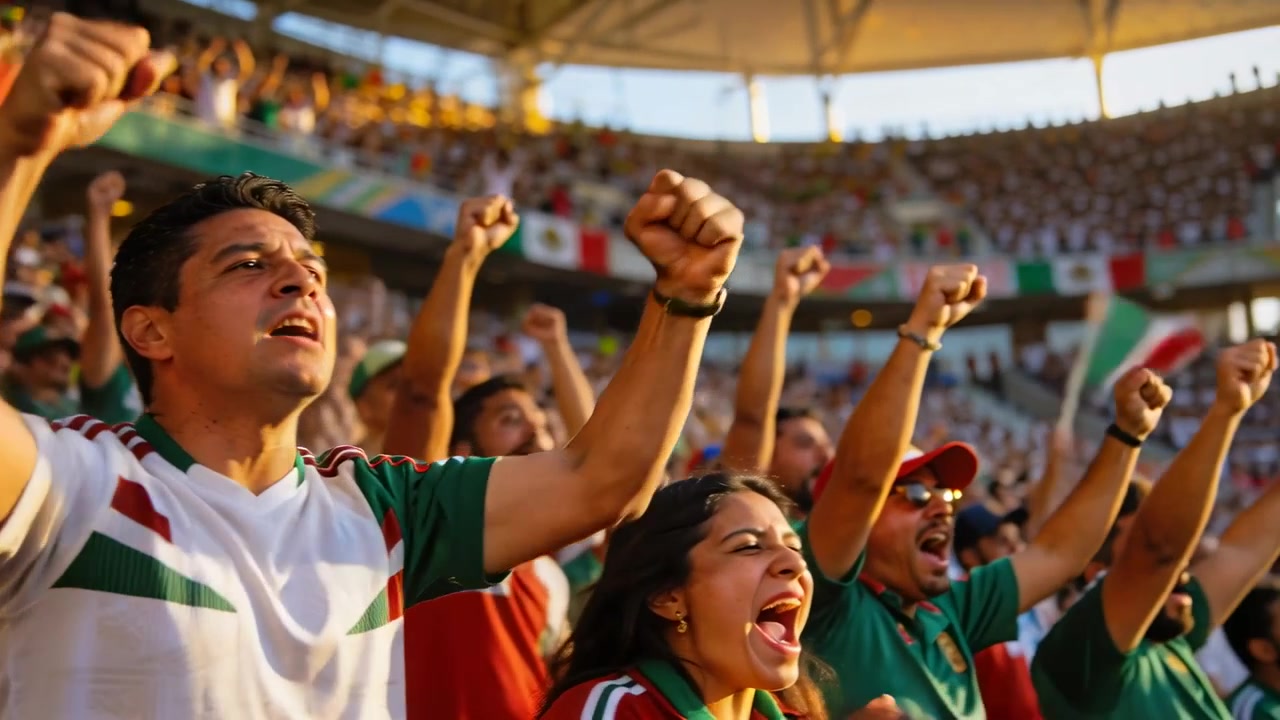 Aficionado animando, gritando y levantando los puños en las gradas en una jugada decisiva, con la camiseta del equipo y agitando una bandera