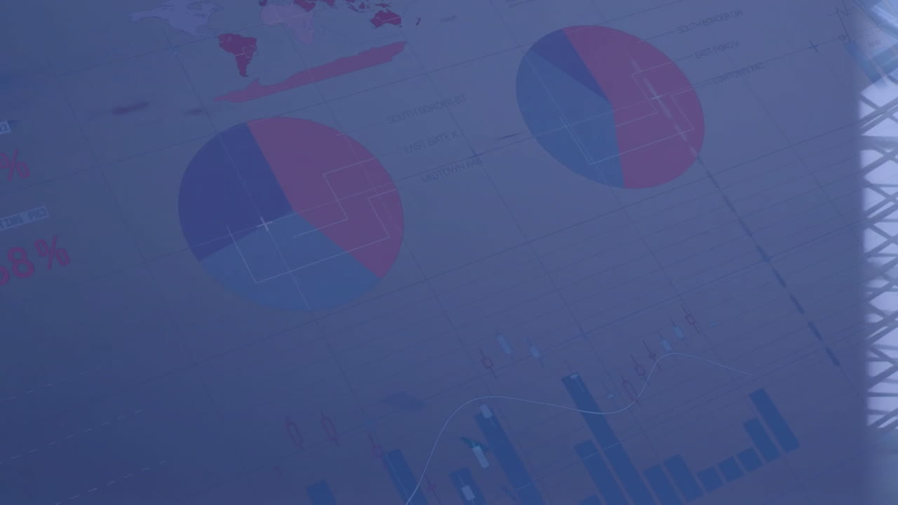 Animation of financial data processing over modern office