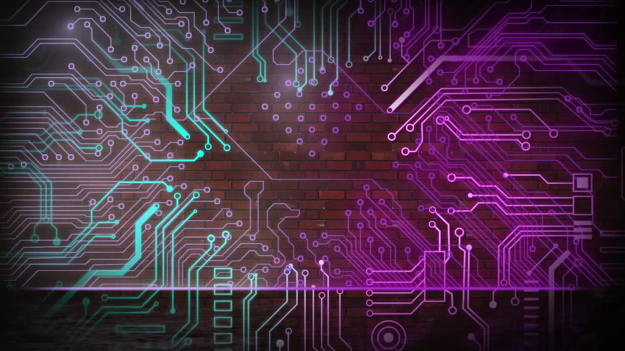 animación del procesamiento de datos en una placa de circuito luminoso de computadora