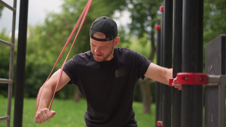 Man Working Out, Man Performs Outdoor Fitness Routine Using Red Resistance Bands Daily, Man Participates In Outdoor Strength Training Session Employing Red Resistance Bands Comprehensively
