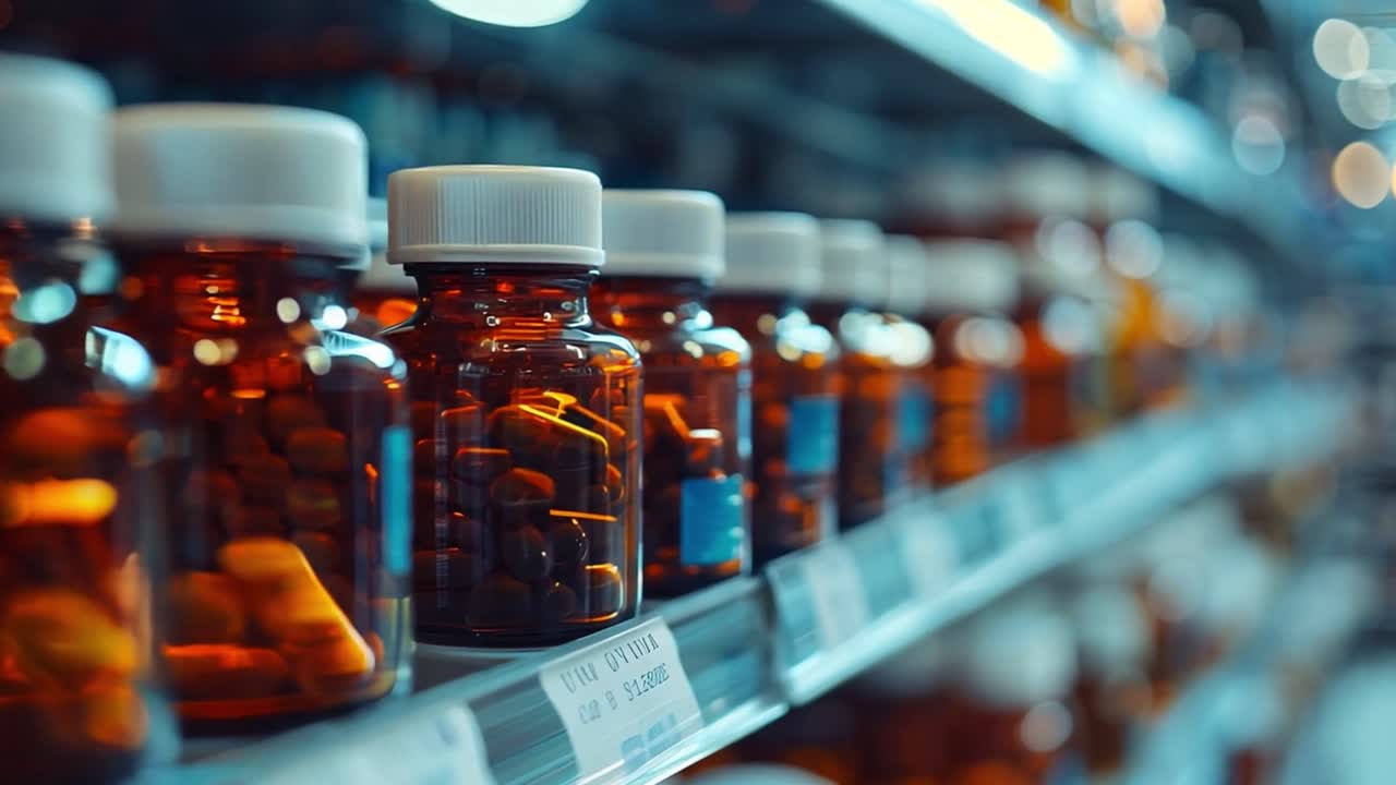 Shelves of medicine bottles in a pharmacy