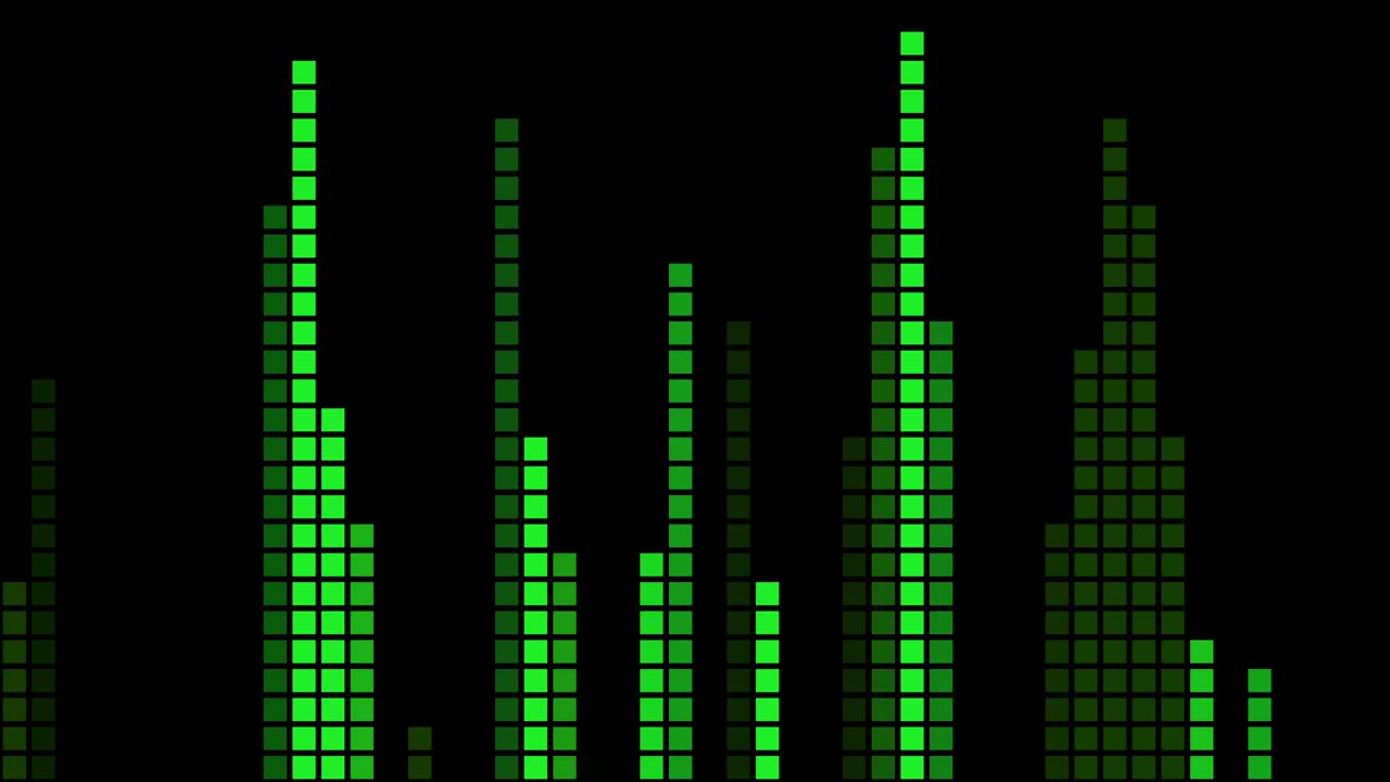 Virtual equalizer. Vertical columns of squares in the green neon laser spectrum, dynamic pixel vibrations for a nightclub or show.