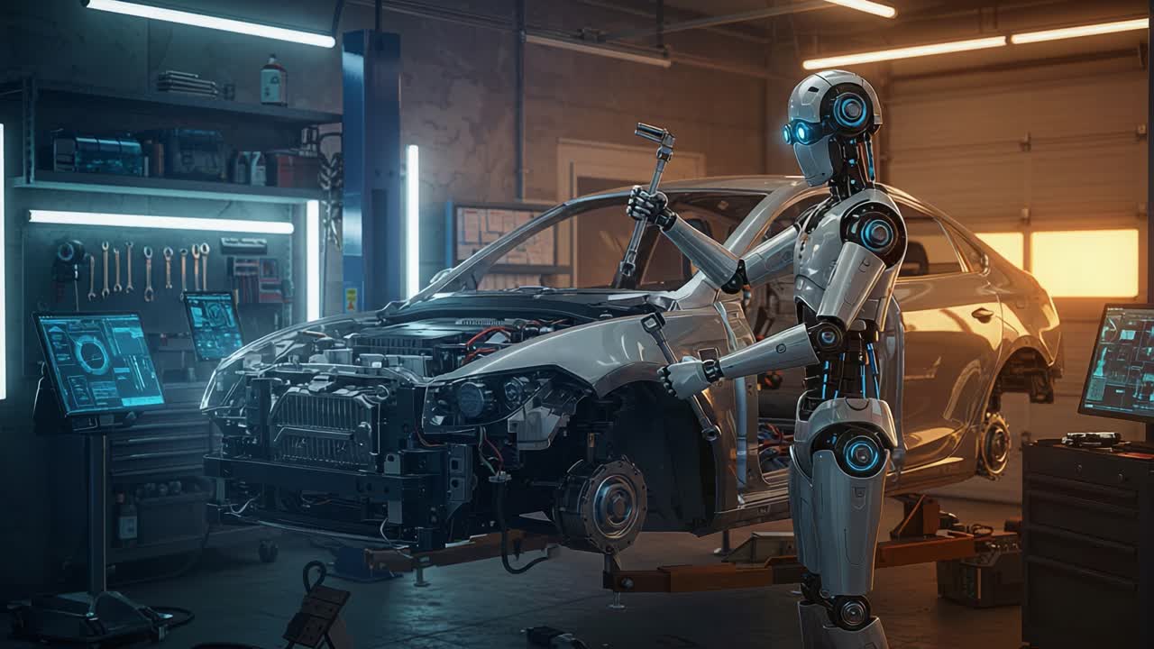 In a high-tech workshop, a futuristic robot uses a wrench to work on an incomplete car, showcasing advanced automation in automotive repair and innovation