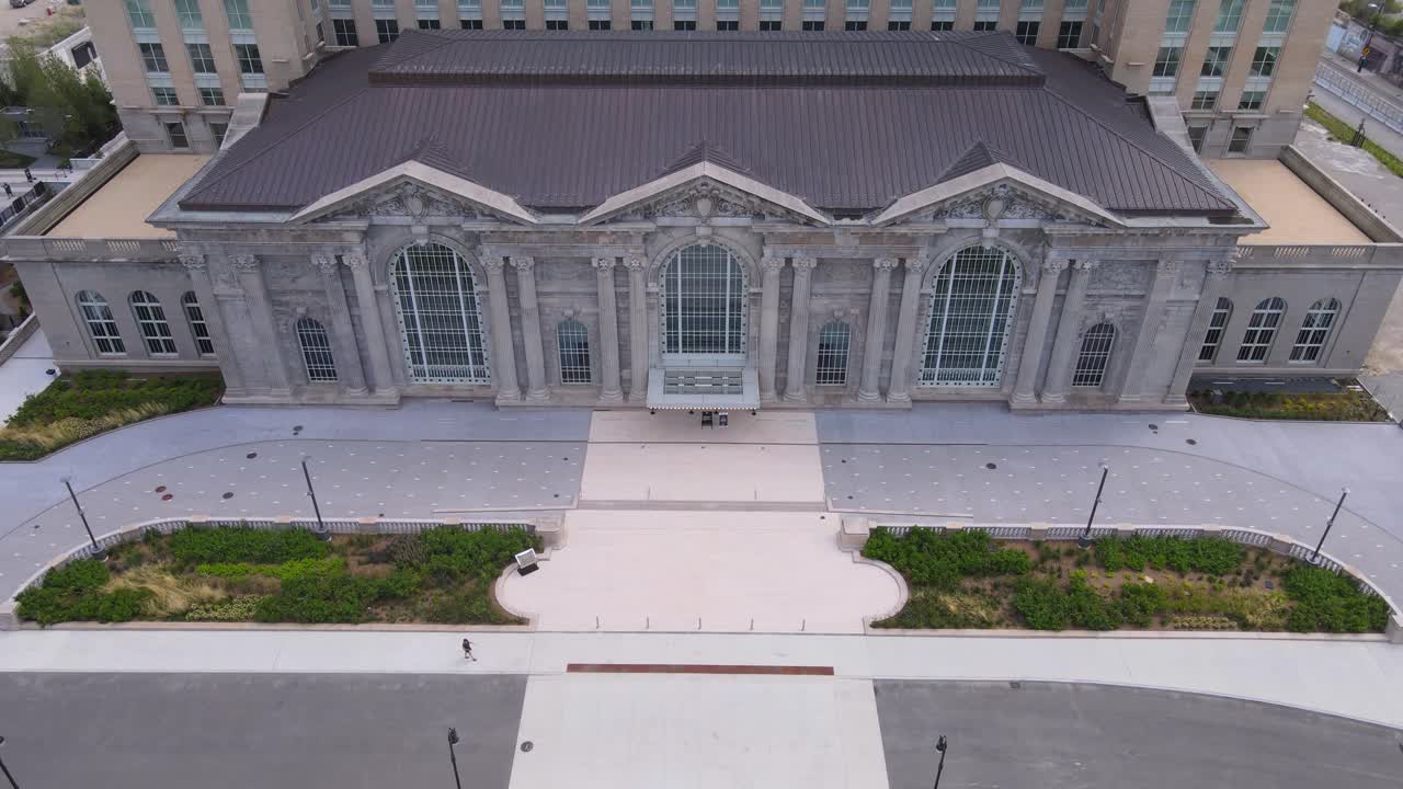 Recently restored Michigan Central Station building in Corktown, close aerial view