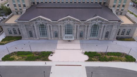 recently restored michigan central station building in corktown, close aerial view