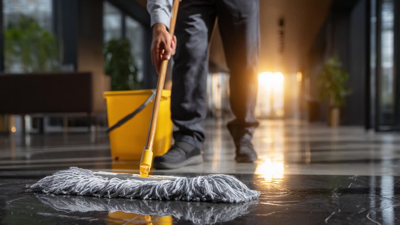 Cleaning Procedure in Progress: A Person Mops a Brightly Lit Floor with Reflections During an Evening Routine, Highlighting Professional Cleaning Practices and Techniques