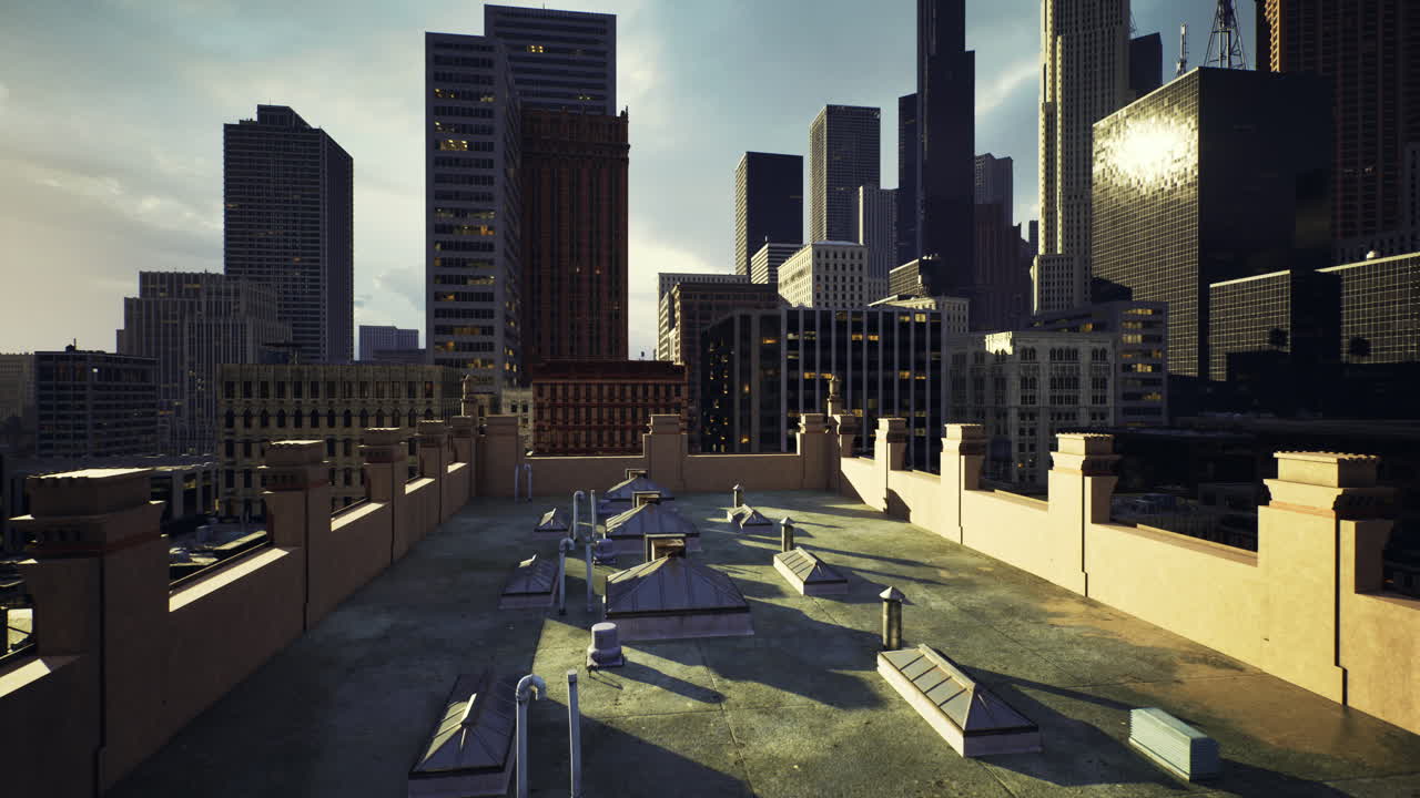 Rooftop view of urban skyline with buildings under sunlight at sunset