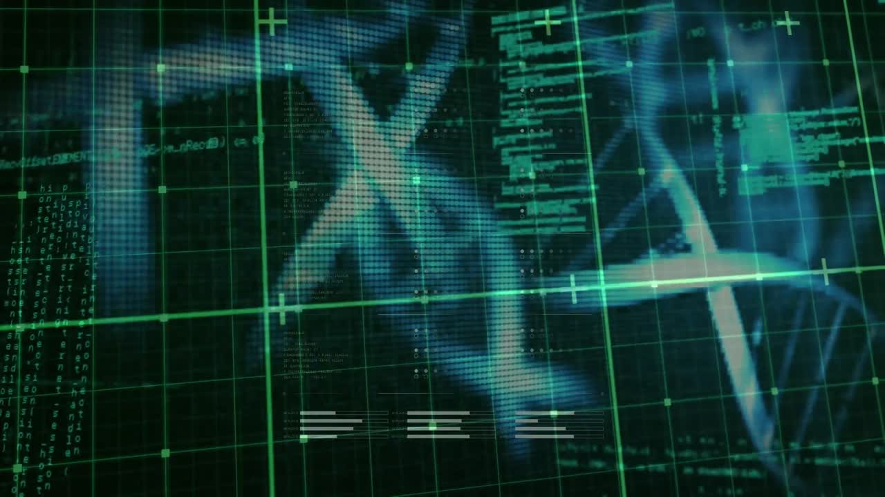 검은색 배경에 로딩 바, 회전하는 dna 나선 및 컴퓨터 언어의 애니메이션