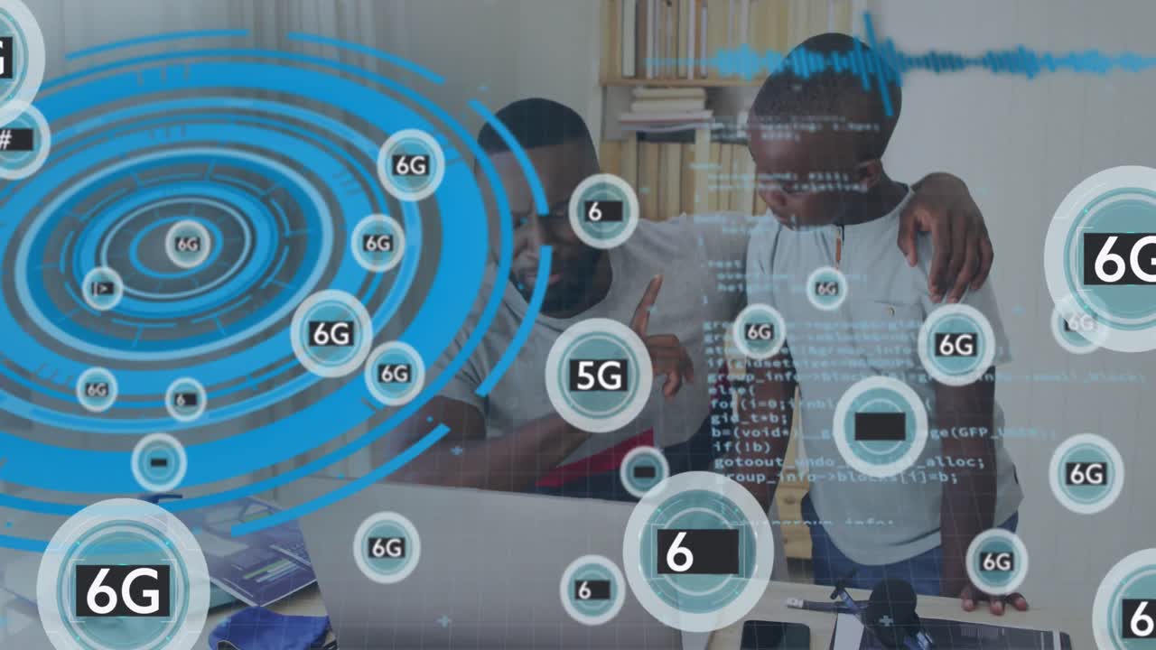 animación de la red de conexiones con iconos sobre el globo y la cuadrícula