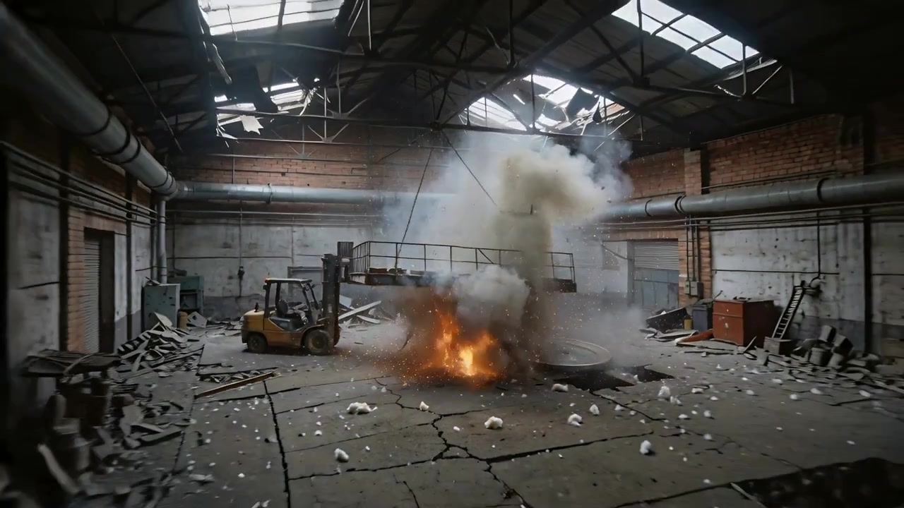Exploding floor blast hurling metal lid and fire under mezzanine inside shed with yellow forklift