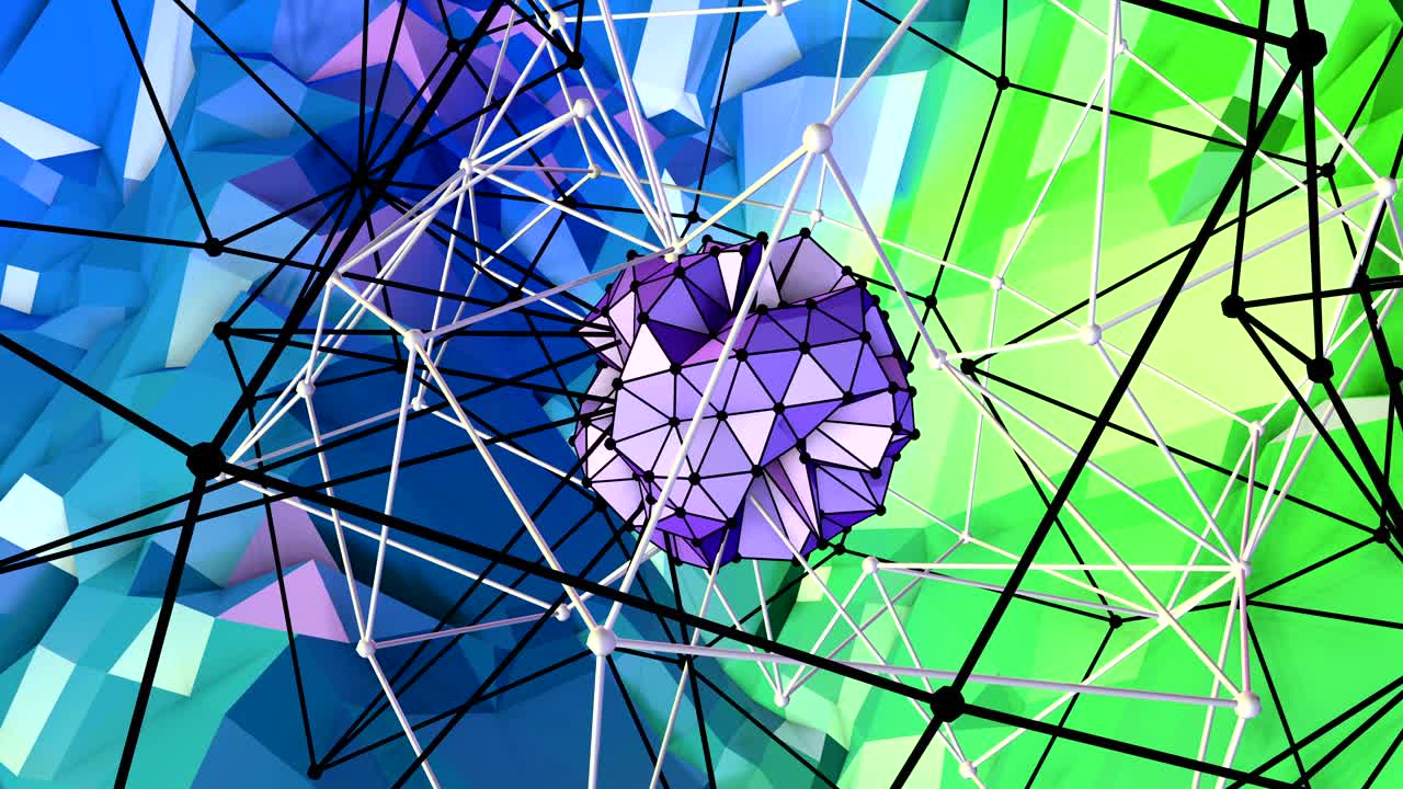 4k low poly background animation in loop. Seamless 3d animation as creative simple low poly background. V2 blue green landscape with sphere and moving framework