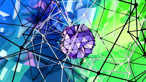 4k low poly background animation in loop. seamless 3d animation as creative simple low poly background. v2 blue green landscape with sphere and moving framework