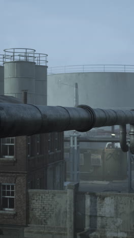 industrial plant exterior in fog