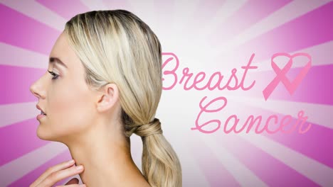 animation of pink ribbon logo with breast cancer text over young woman