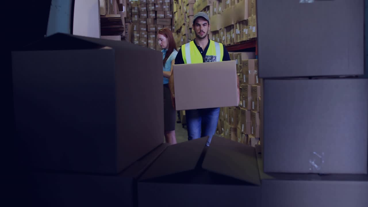 Warehouse worker approaching rack lifting box while UI updating inventory and currency stats