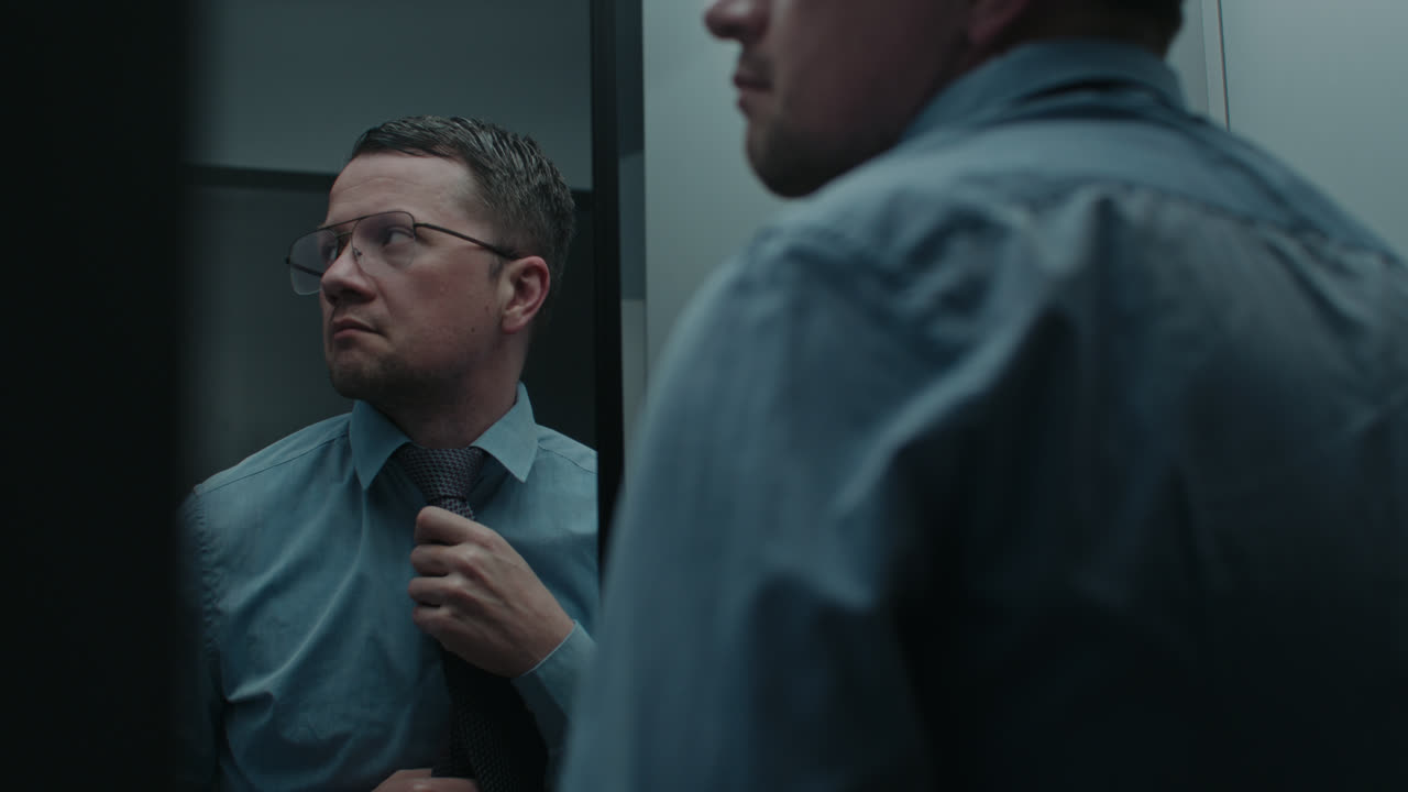 A sad man puts on his tie