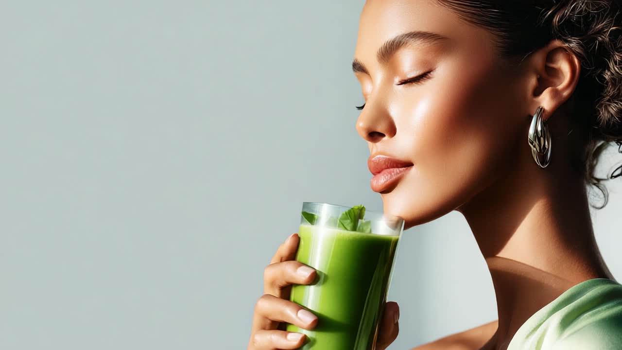 A Woman Enjoys a Refreshing Green Smoothie, Capturing the Essence of Healthy Living and Vibrant Energy with a Serene Expression Against a Minimalistic Background