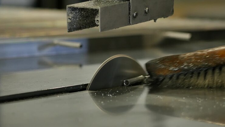Close up of circular steel saw blade sawing stainless steel
