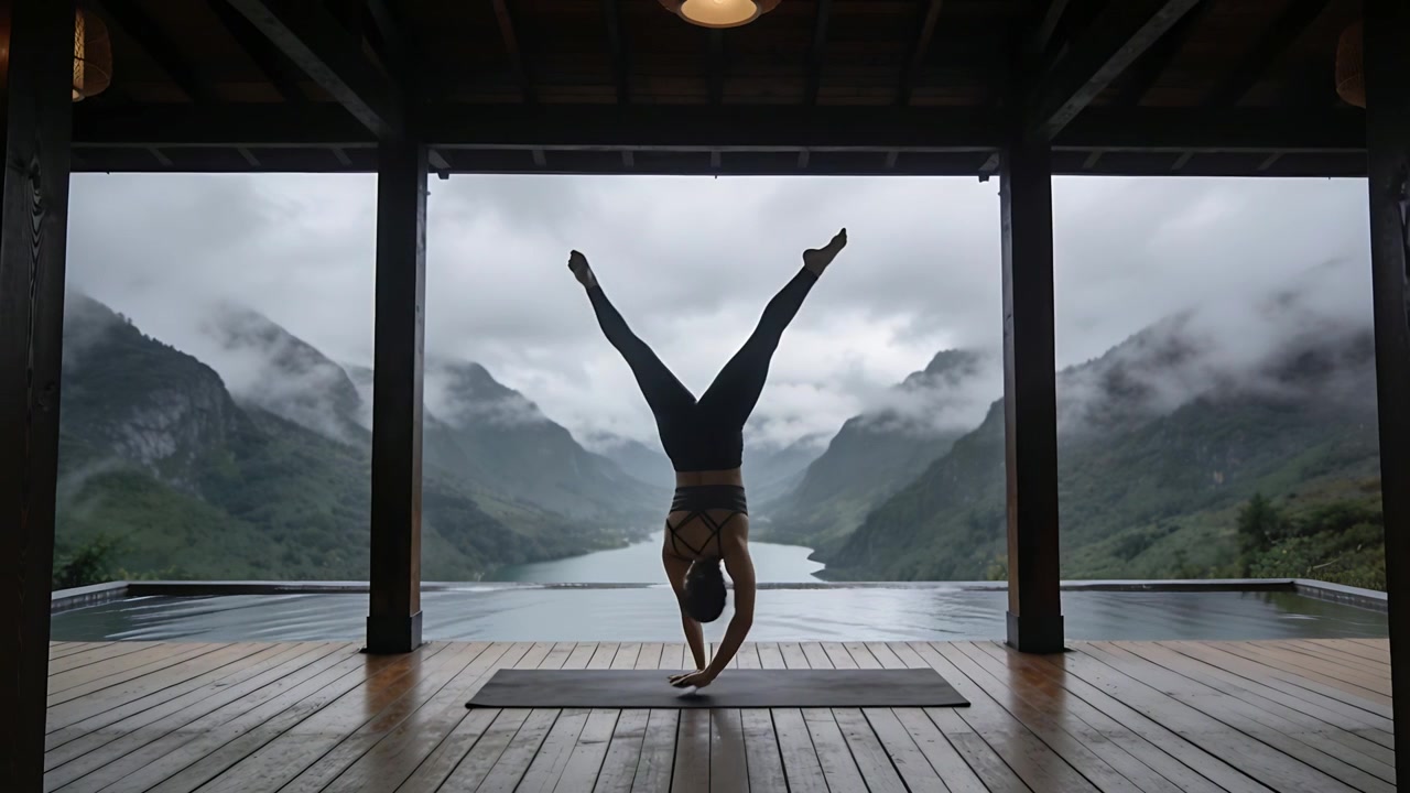 Beginning woman practicing handstand flow from bent inversion on deck with yoga mat, bra, leggings