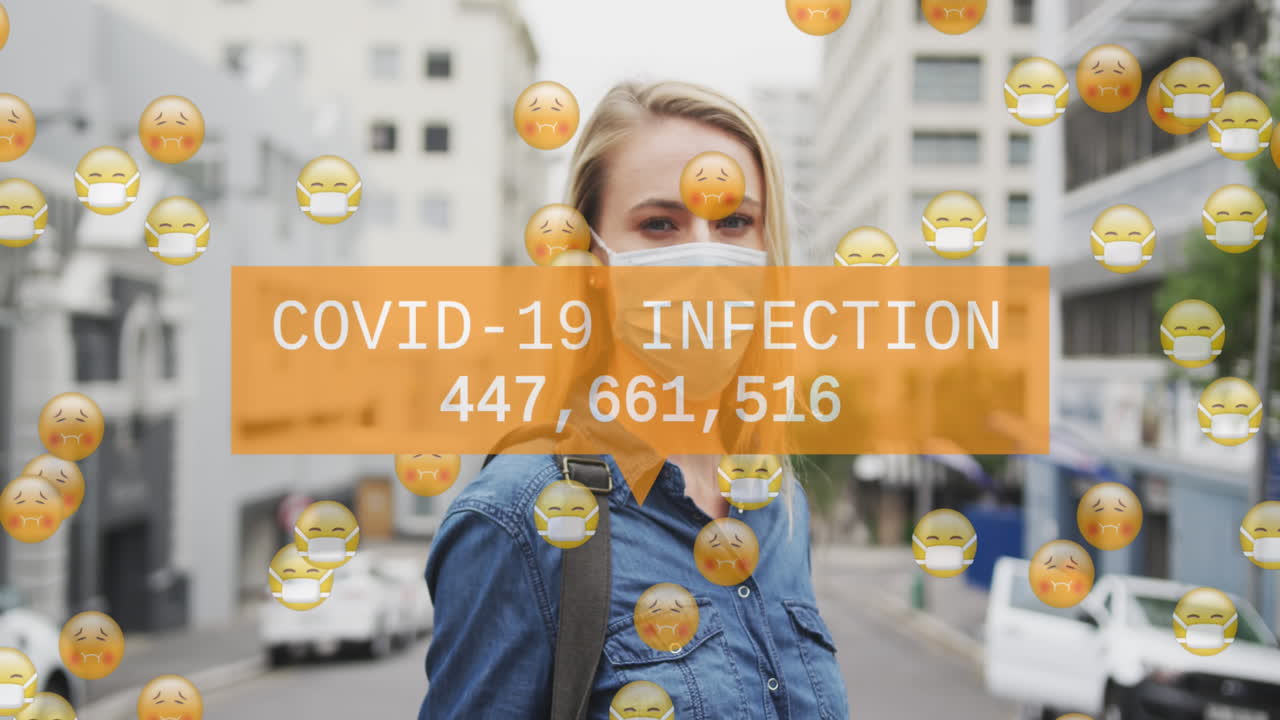 Animation of emoticons in face masks and increasing number over caucasian woman in face mask