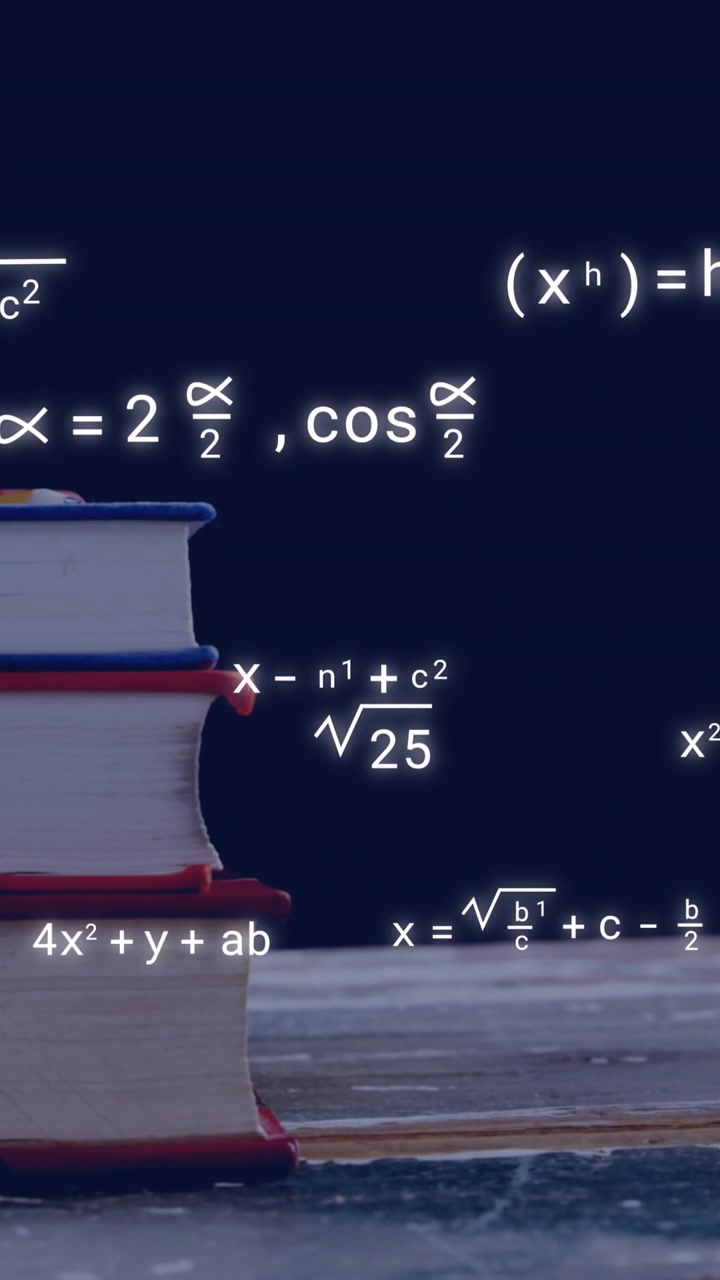 Animation of mathematical equations over books and apple on black background