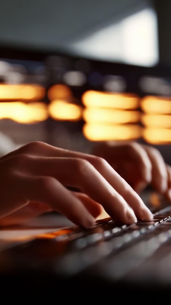 Close-Up of Hands Typing on a Keyboard with Soft Background Lighting, Capturing the Detail and Focus of Digital Interaction in a Modern Workspace