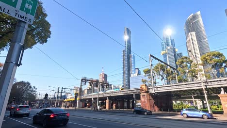 urban scene with train, skyscrapers, and traffic