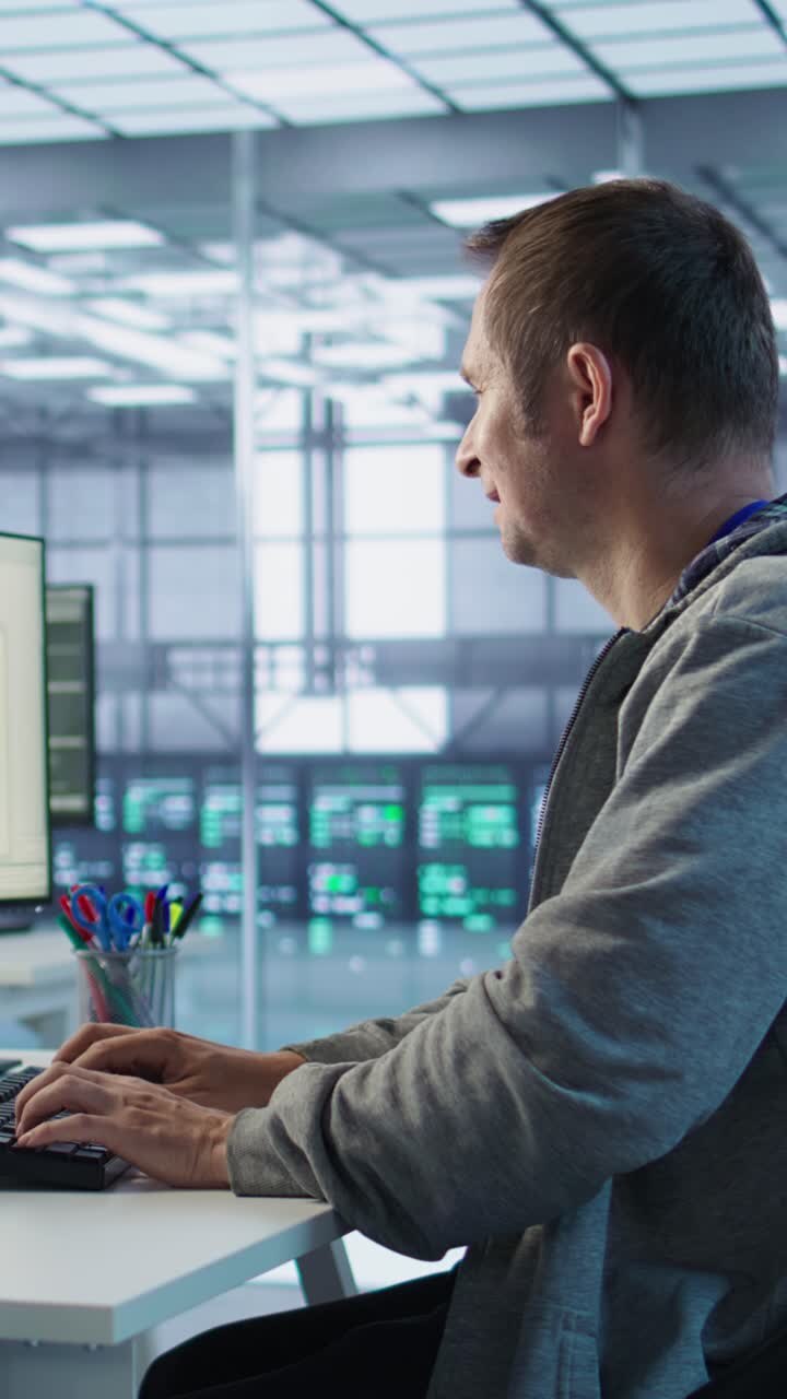 Vertikal video: Mand arbejder i server-hub, der kan behandle enorme datamængder