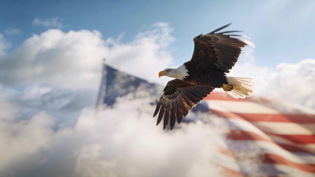 Aquila calva che si libra battendo le ali attraverso un cielo blu con nuvole, con la brezza che fa sventolare la bandiera americana.