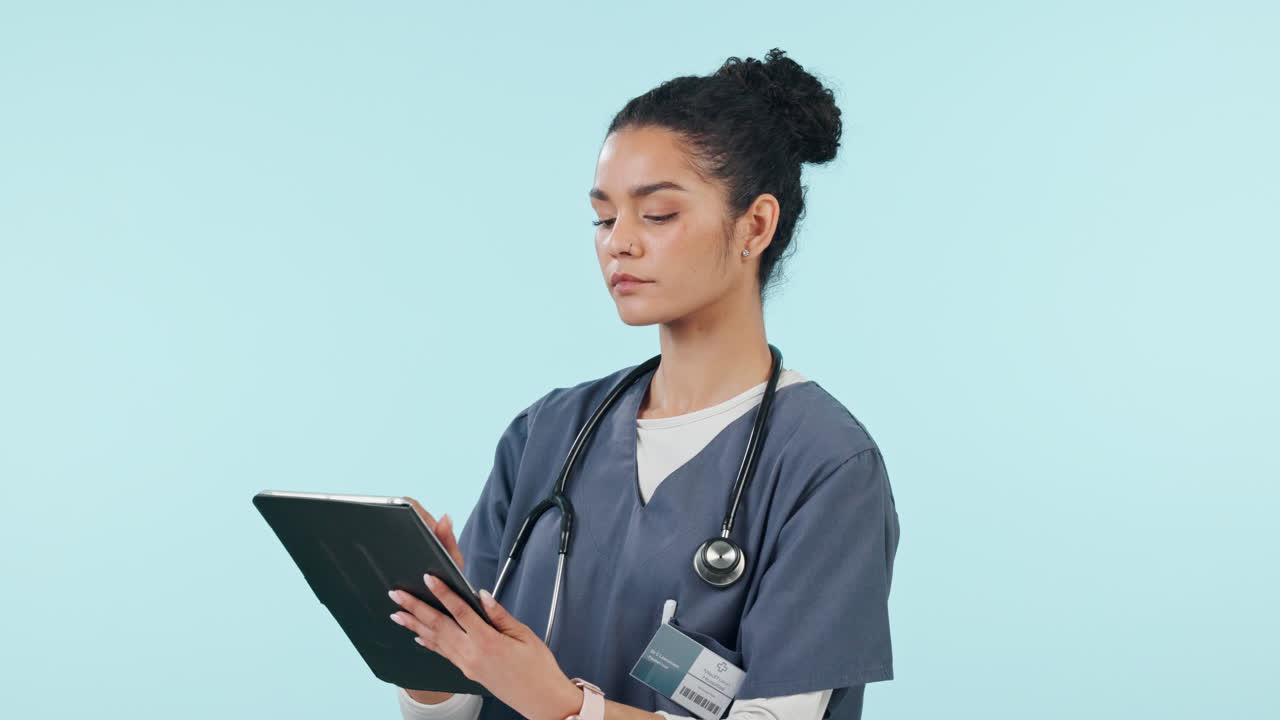 Nurse, woman thinking and tablet with healthcare