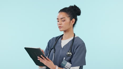 nurse, woman thinking and tablet with healthcare