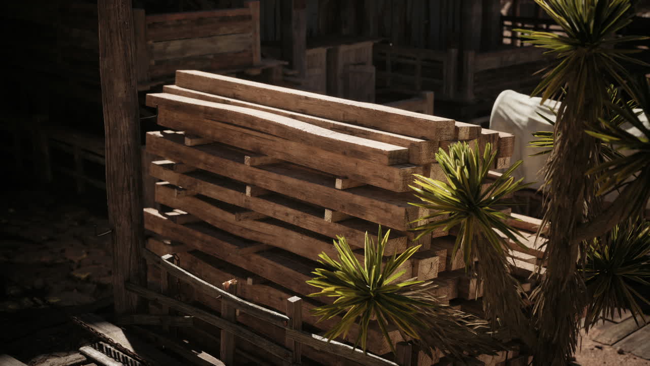 Wooden pallets stacked near greenery in a rustic outdoor setting