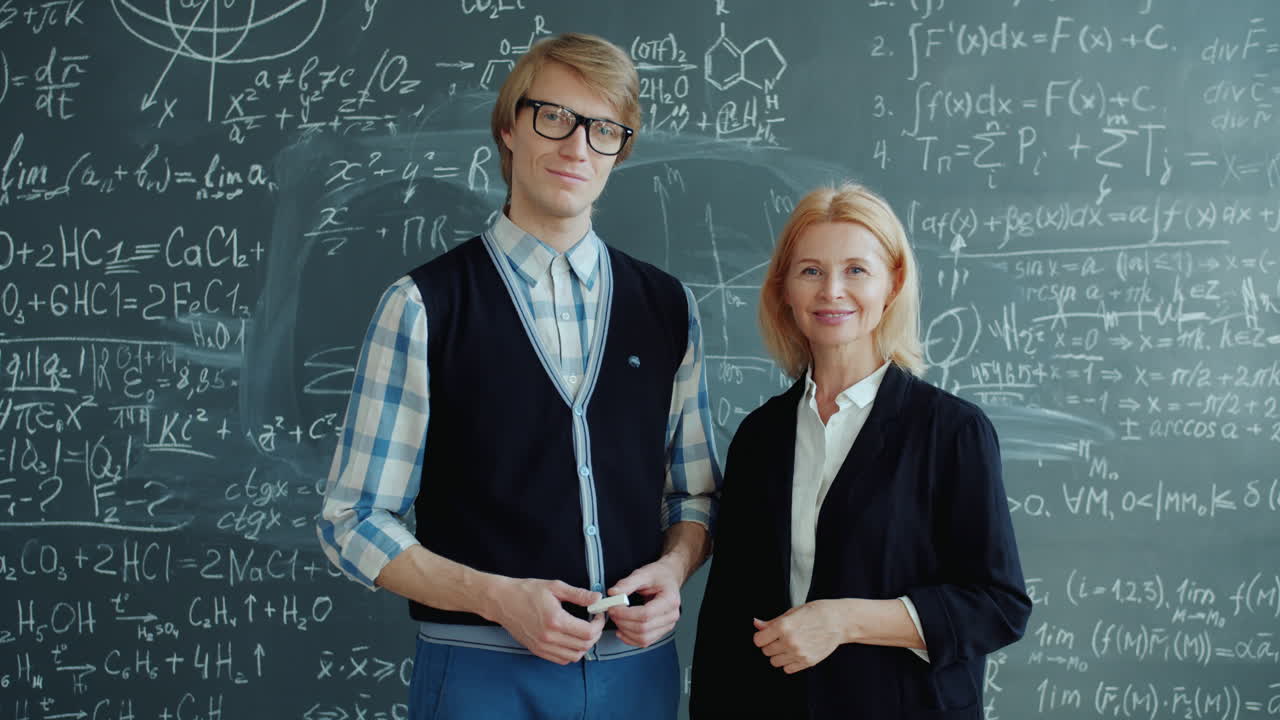 Teacher and Student in front of a Blackboard with Equations
