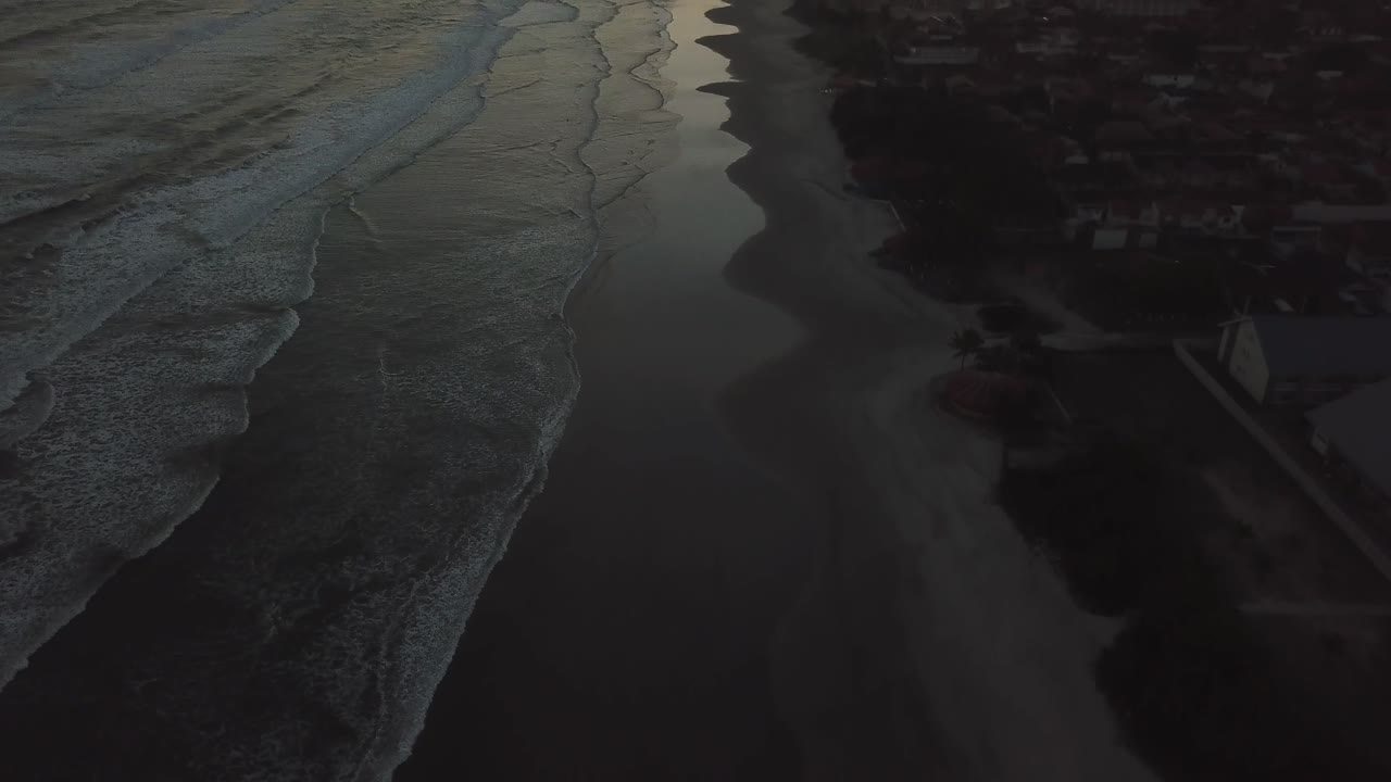 Flying shot of drone going through palms and beach in sunrise-sunset, establishing aerial shot