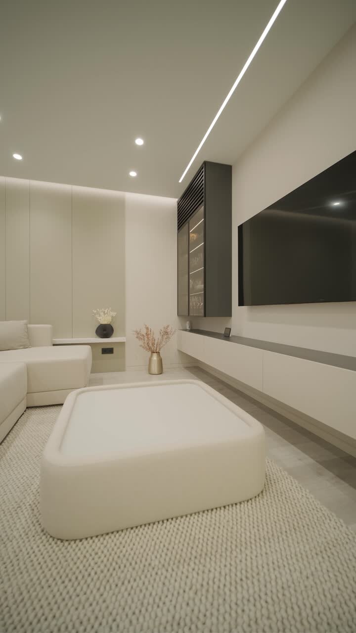 Modern living room interior design and decoration with white sofa in living area, dining table and wooden chairs, kitchen counter and cabinets. 4K video 3d rendering apartment room with balcony