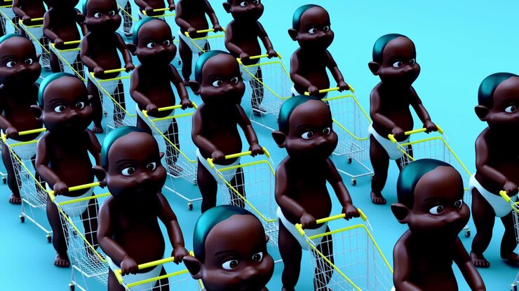 4K fun cartoon animation of a babies shopping