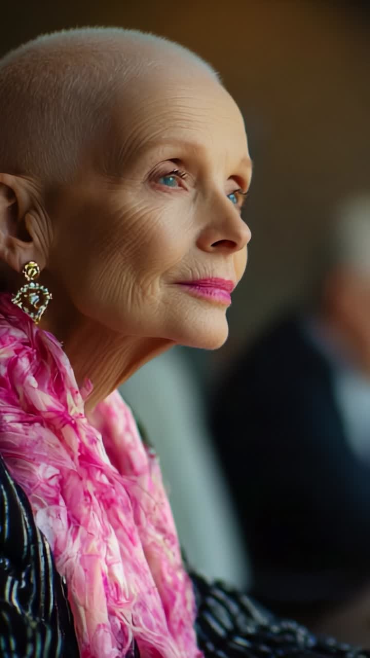 Un momento toccante di riflessione: primo piano di un'elegante signora anziana con la testa rasata e una sciarpa rosa, che emana grazia e forza interiore